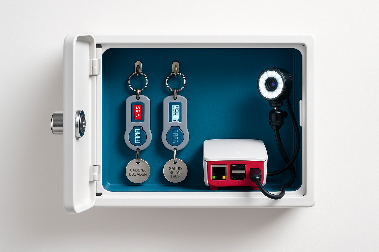 Cajón TokenSync abierto con tokens bancarios, cámara y Raspberry Pi